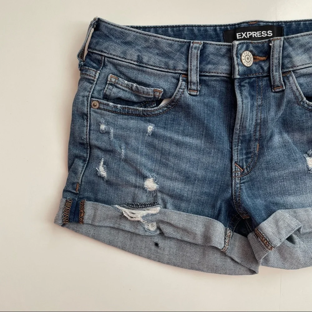 Express Women's Distressed Denim Jean Shorts - Blue - Picture 2 of 8